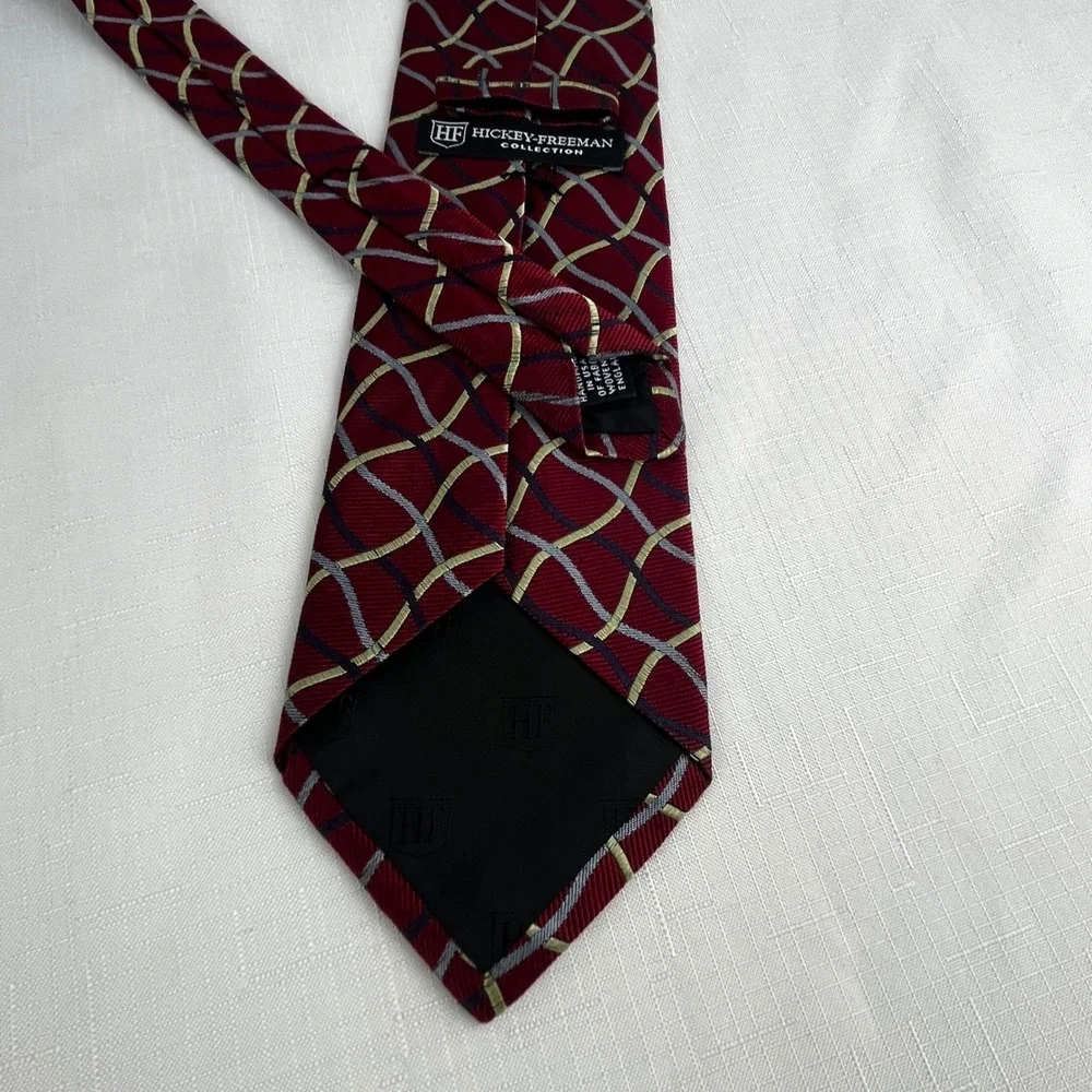 Hickey-Freeman Necktie Mens Red Woven‎ Silk Geometric Lattice Made in USA